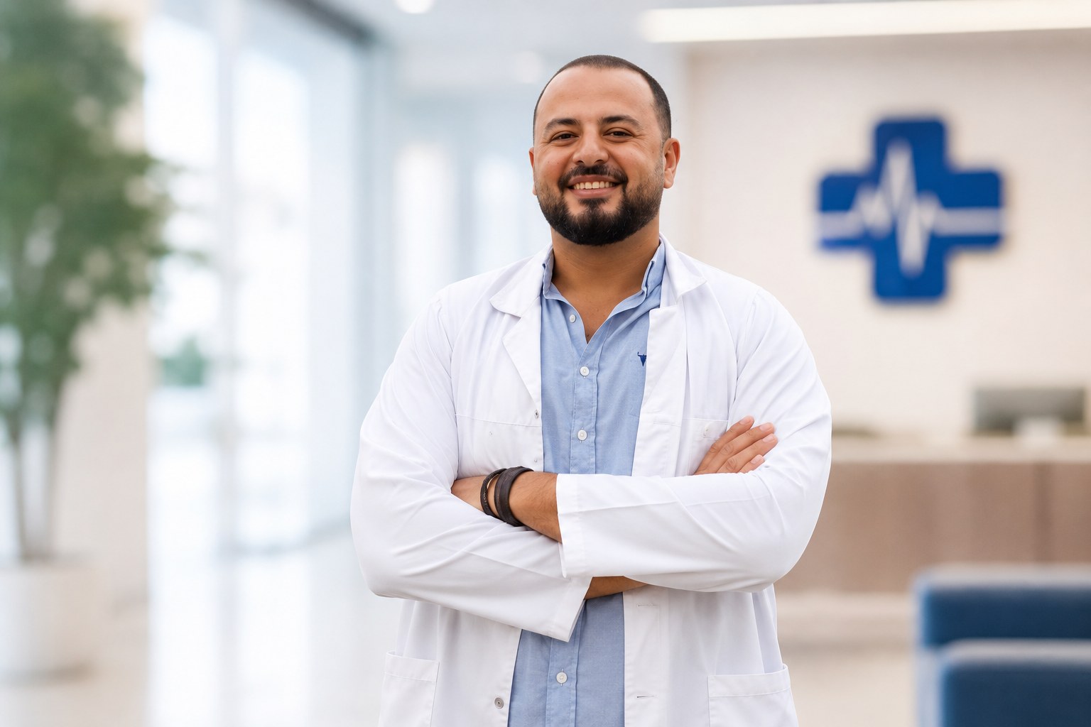 Dr. Ahmed Ali Omar standing in a clinic corridor, wearing a white coat